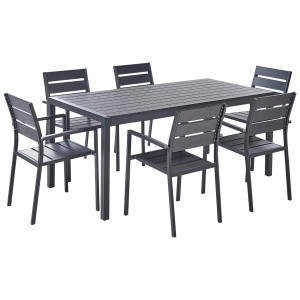 Ensemble de meubles de jardin 6 places Beliani Vernio noir en aluminium et bois synthétique.