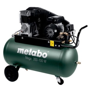 Compressore Metabo Mega 350-100 W, verde scuro, serbatoio 90 l, 10 bar. Compressore a cinghia mobile.