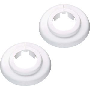 Due rosette a scatto bianche in plastica, Ø 28 mm, per coprire i passaggi dei tubi.