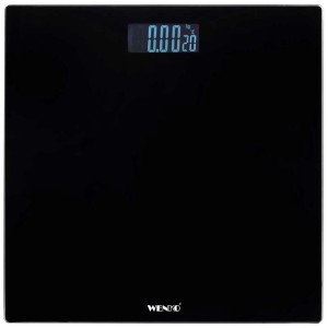 Wenko LCD-Personenwaage in Schwarz mit digitaler Anzeige.