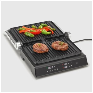 Severin KG2399 Sevini Comfort, grill elettrico nero con bistecche e verdure.
