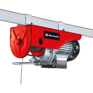 Treuil électrique rouge Einhell TC-EH 250 avec câble métallique et crochet de charge, monté sur un rail métallique.