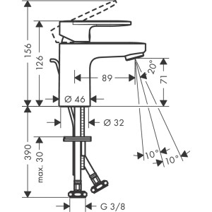 Disegno tecnico del miscelatore lavabo Hansgrohe Vernis Blend 70 CoolStart, cromo con dimensioni.