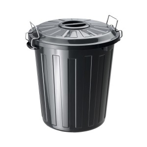 Schwarze Rotho Universal Tonne Basic, 25 Liter, mit Deckel und Metallverschlüssen.