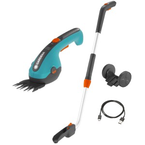 Gardena ClassicCut Li, set de cisailles à gazon sans fil avec manche télescopique et roues.