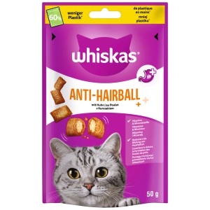Whiskas Anti-Hairball Katzensnack mit Huhn, 50g Portionsbeutel. Katzenleckerli zur Reduzierung von Haarballen.