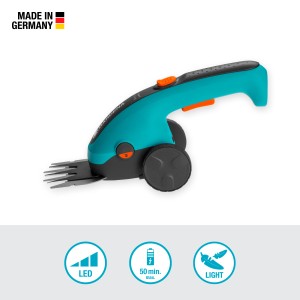 Gardena ClassicCut Li Set de cisailles à gazon sans fil avec manche télescopique et roues pour des bordures de pelouse précises.