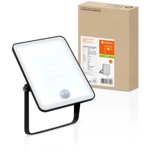 Ledvance LED-Außenstrahler mit Sensor, 20W, warmweiß, schwarz. Flutlicht mit Bewegungsmelder und Verpackung.