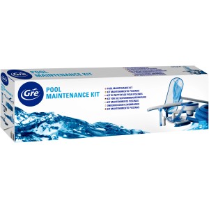 Kit complet de nettoyage de piscine Gre dans une boîte avec des accessoires tels qu'un filet, un tuyau et un thermomètre.