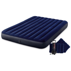Ensemble Intex Queen : Matelas gonflable bleu avec pompe et oreillers. Idéal pour le camping ou comme lit d'appoint.
