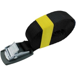 Sangle d'arrimage noire, 4 m x 2,5 cm, avec fermeture à cliquet et bande de maintien jaune.