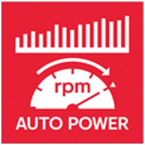 Tagliaerba a batteria Metabo: Icona per regolazione automatica della potenza, ottimizzazione RPM ed efficienza.