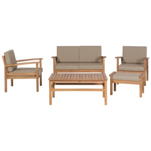 Ensemble lounge Beliani Manila 4 places, en acacia marron clair, avec table, ottoman, banc et fauteuils.