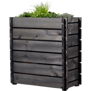 Sistema a incastro per aiuola rialzata in legno antracite (79x79x39cm) con piante.