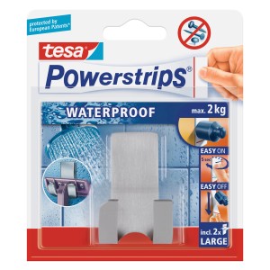 Tesa Crochet double étroit Waterproof, inox, avec Powerstrips. Crochet adhésif pour salle de bain et cuisine, jusqu'à 2 kg.