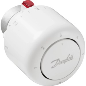 Gros plan d'une tête thermostatique blanche Danfoss RA/VL en plastique pour radiateur.