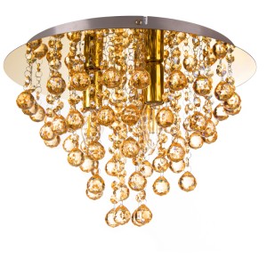Plafoniera Globo London dorata con cristalli acrilici per un'illuminazione elegante.