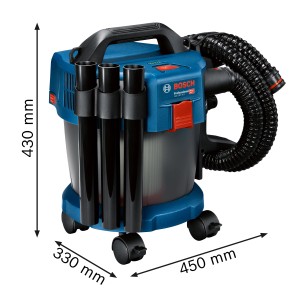 Aspirateur industriel sans fil Bosch Professional GAS 18V-10 L avec tuyau et accessoires.