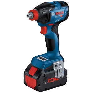 Avvitatore a impulsi a batteria Bosch GDX 18V-210 C Professional, design blu e nero.