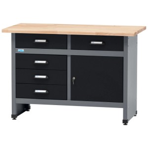 Établi Küpper modèle 12040 avec plateau en hêtre, porte et 5 tiroirs en noir-gris clair.