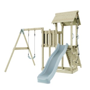 PolarPlay Bergen Azzurro Ghiaccio, struttura gioco in legno con scivolo e altalena.
