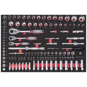 Assortiment d'outils Kraftwerk pour servante BT700 Pro+ : cliquets, douilles et accessoires bien rangés.