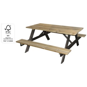 Tavolo da picnic in legno con piano e sedute grigio-marrone, struttura nera. Ideale per giardino e tempo libero.