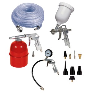 Einhell set accessori aria compressa 13 pezzi: pistola a spruzzo, manometro, tubo e adattatori per compressori.