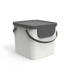 Cesto per riciclaggio Rotho Albula bianco (40 l) con coperchio e manico grigi.