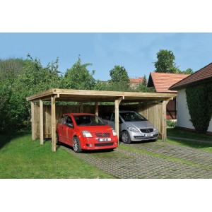 Doppio carport Weka 618 con tetto in lamiera trapezoidale per due auto, legno impregnato in autoclave.
