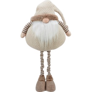 Gnome beige en tissu/polyester comme décoration de Noël avec jambes extensibles.