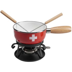 Set per fonduta di formaggio Nouvel con pentola rossa, croce svizzera, fornelletto e forchette.