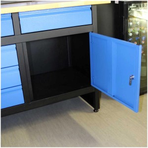 Banco da lavoro Güde GW 2/2 con cassetti blu e porta aperta. Banco robusto per officina e hobby.