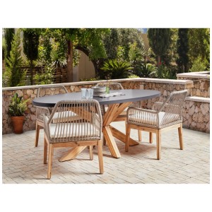 Ensemble de jardin Oristano 5 pcs: table ovale en fibrociment gris, 4 chaises tressées acacia sur terrasse.