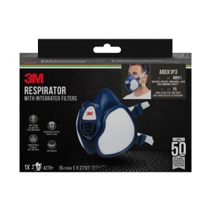 Maschera 3M 4279+ ABEK1P3, respiratore blu scuro per sostanze chimiche.