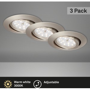 Lot de 3 spots LED encastrables Briloner en nickel mat, orientables pour une lumière blanc chaud.