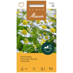 Confezione di semi di fiori di camomilla vera con fiori di camomilla sullo sfondo.