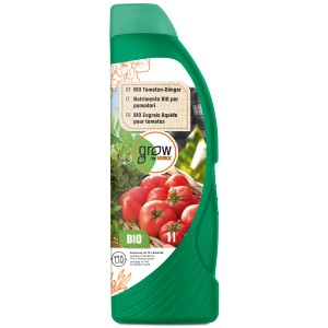Bouteille verte d'engrais tomates BIO GROW by OBI, 1 litre, pour des plantes saines.