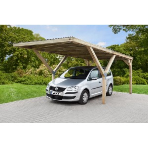 Carport singolo WEKA Mugello in legno con tetto in acciaio e auto. Trattato a pressione per una lunga durata.