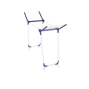 Stendibiancheria Leifheit Pegasus 120 Solid Compact, blu e bianco, stretto con ali pieghevoli.