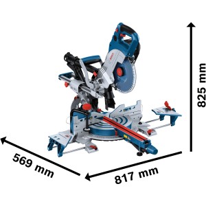 Scie à onglet sans fil Bosch Professional GCM 18V-216 DC avec dimensions.