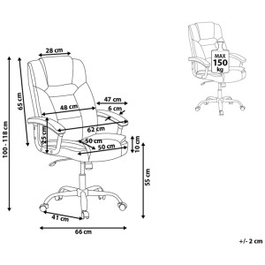 Schizzo di Beliani sedia da ufficio Advance beige in similpelle con dimensioni, portata fino a 150 kg.