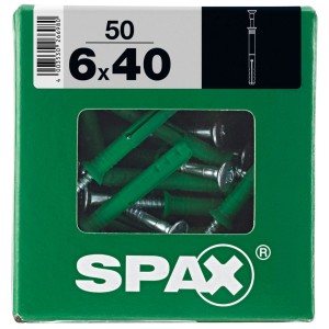 Spax tassello a chiodo 6x40 mm, 50 pezzi in scatola verde. Tasselli e viti per montaggio passante.