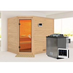 Sauna Karibu Tilda avec poêle bio en acier inoxydable et commande externe, en bois naturel.