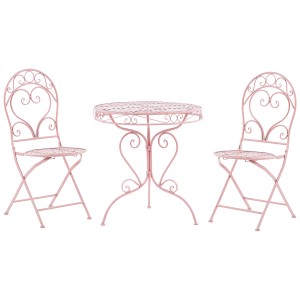 Ensemble bistro Albinia rose en métal pour balcon ou jardin : table et deux chaises.
