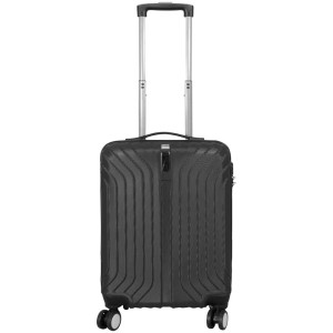 Valise trolley noire en ABS, format cabine, avec poignée télescopique et 4 roulettes.