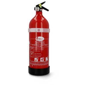 Extincteur à poudre rouge Protex 2 kg avec manomètre et support.