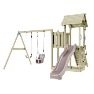 Altalena per neonati PolarPlay Uppsala rosa antico con torre giochi, scivolo e altalena per bambini.