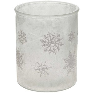 Photophore gris en verre avec décor de flocons de neige, hauteur 15 cm.