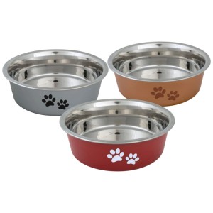 Ciotole per gatti Vitakraft, acciaio inox con rivestimento in plastica colorata e motivo a zampa, diametro 11 cm.